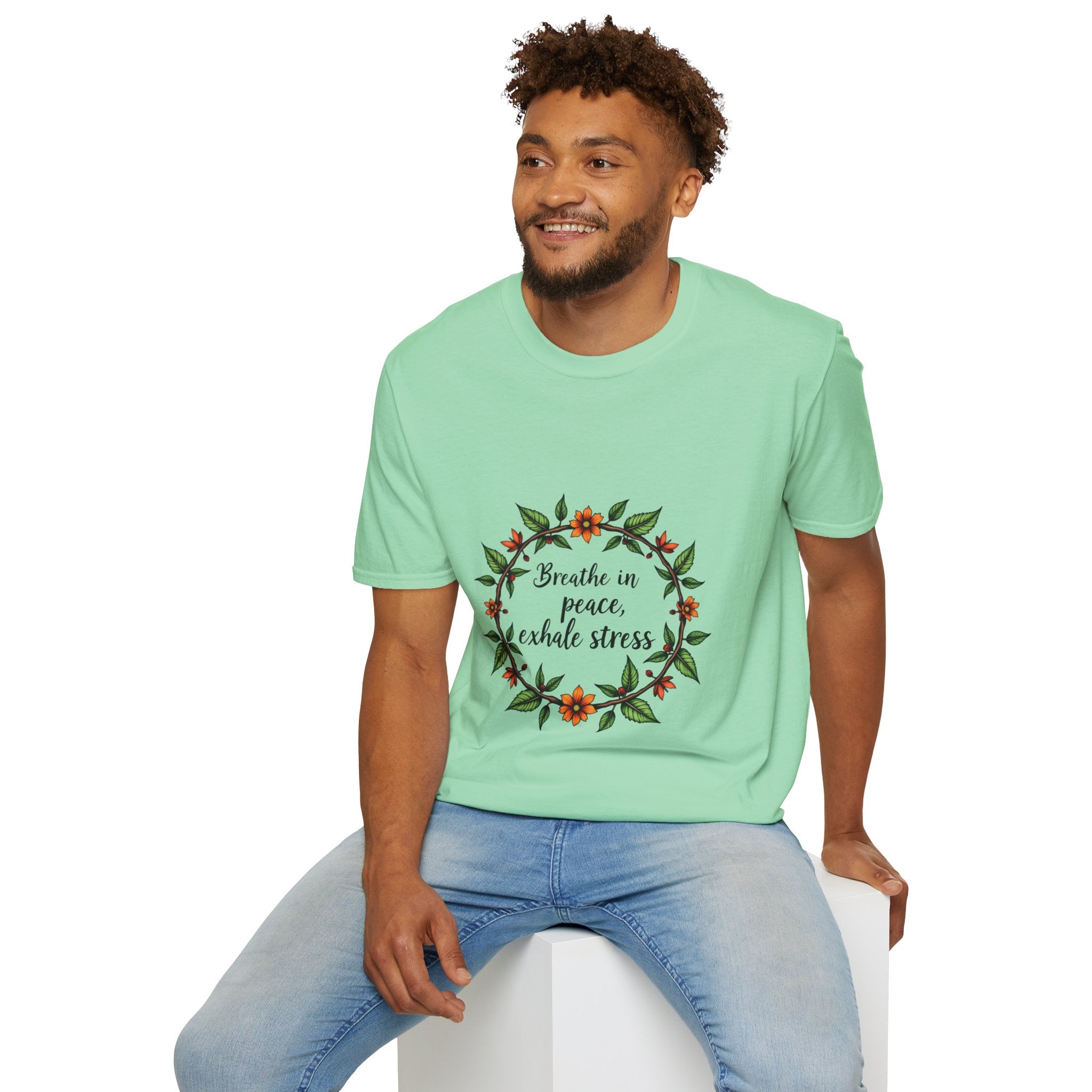 Beautiful floral garland t-shirt with the words Breathe in Peace Exhale Stress