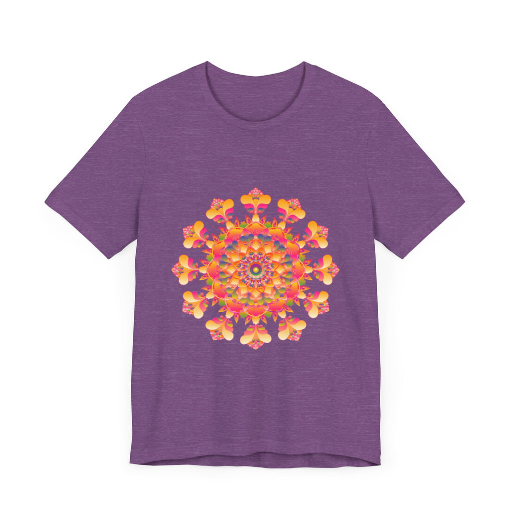 Vibrant mandala tee in shades of pink, yellow, orange, and green, depicting a beautiful and intricate design, perfect for adding a pop of color to your wardrobe