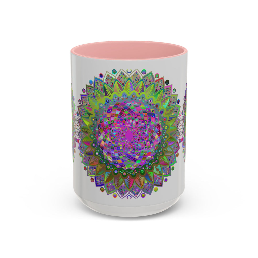 Colorful psychedelic mandala mug with vibrant art on a grey background