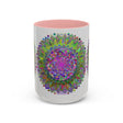 Colorful psychedelic mandala mug with vibrant art on a grey background