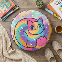 Bright pink, yellow, and pastel tie-dye round cat floor pillow featuring a spiral-curled cat design; lifestyle shot showing a cozy living room setting with the pillow on the floor for lounging during winter holidays.