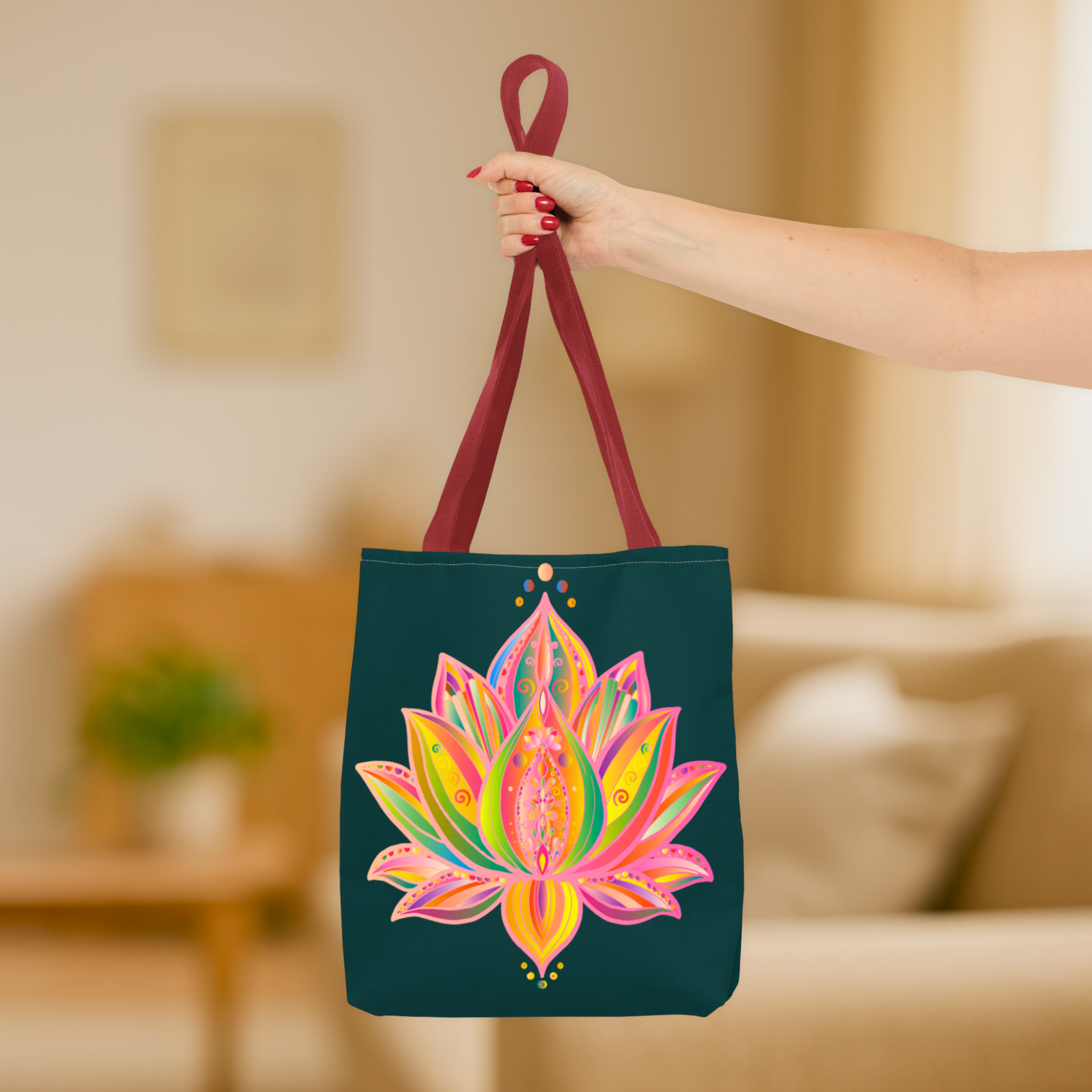 Lotus Blossom Energy Tote – Deep Green Canvas with Artistic Print