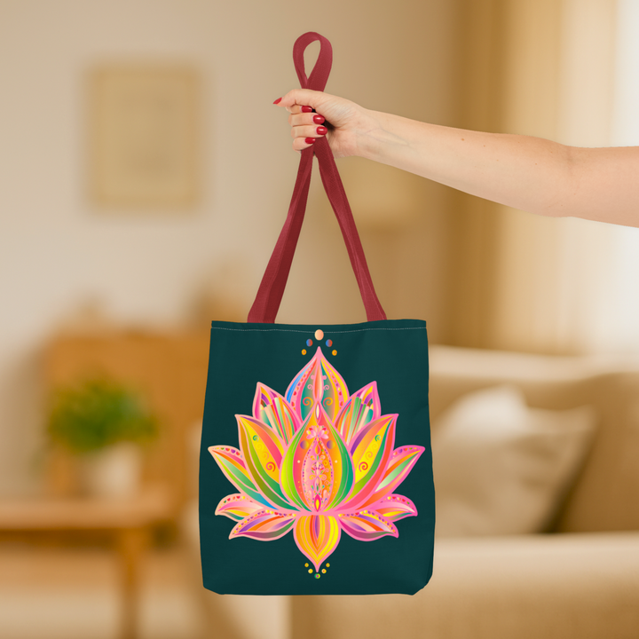 Lotus Blossom Energy Tote – Deep Green Canvas with Artistic Print