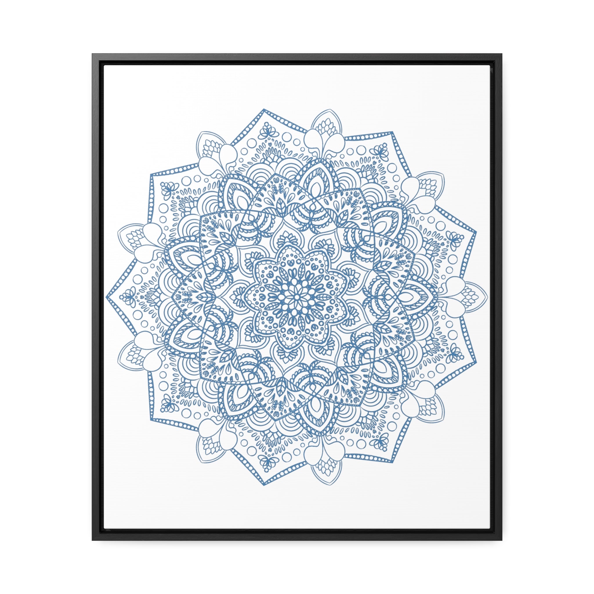 Handmade steel blue Mandala Design Wall Art on gallery canvas wraps displayed in vertical frame