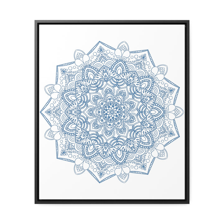 Handmade steel blue Mandala Design Wall Art on gallery canvas wraps displayed in vertical frame