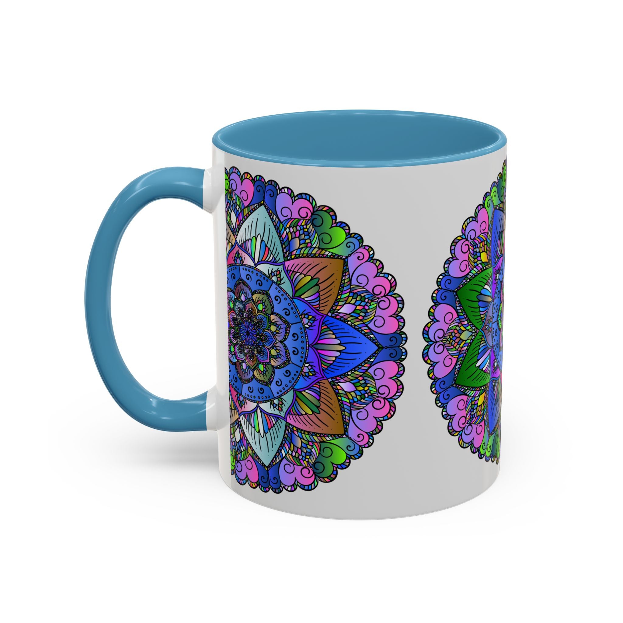 A close-up image of the Mandala Mug, featuring intricate and vibrant mandala artwork in various hues, creating a sense of tranquility and beauty