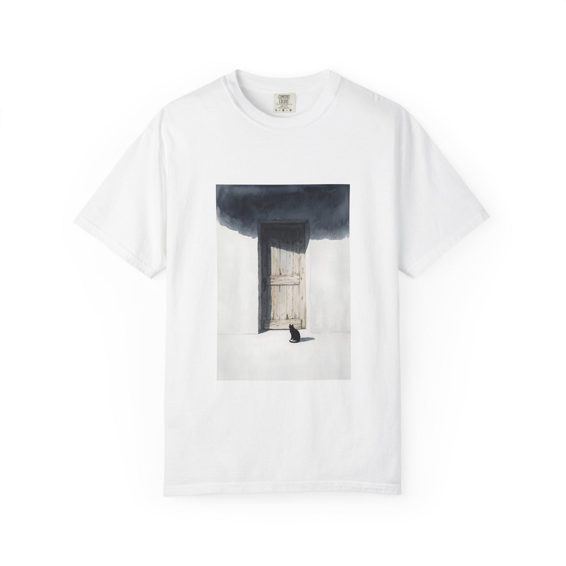 Minimal art tee with a cat waiting at the door