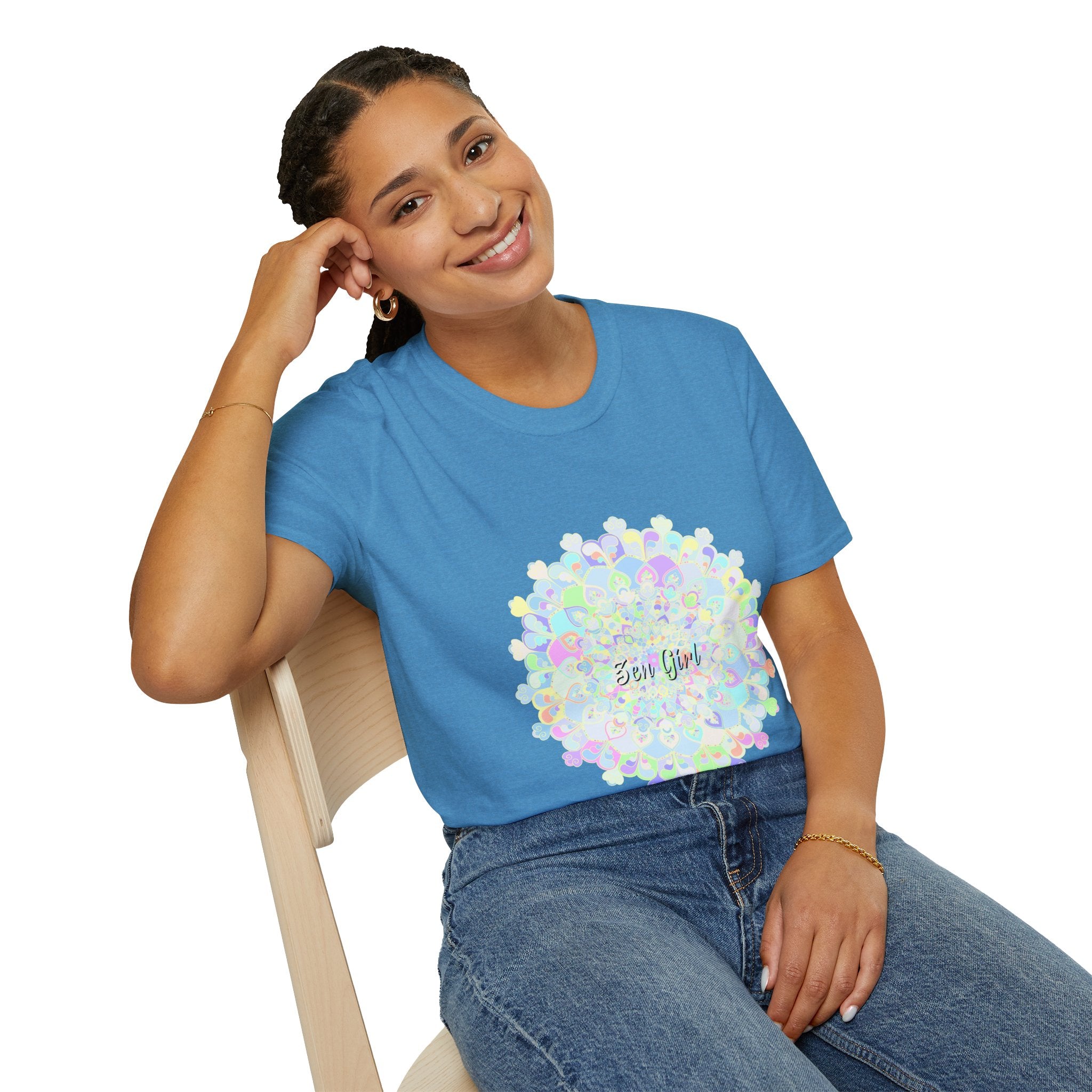 A close-up image of a black Mandala T-shirt with a unique and intricate design featuring floral patterns and geometric shapes