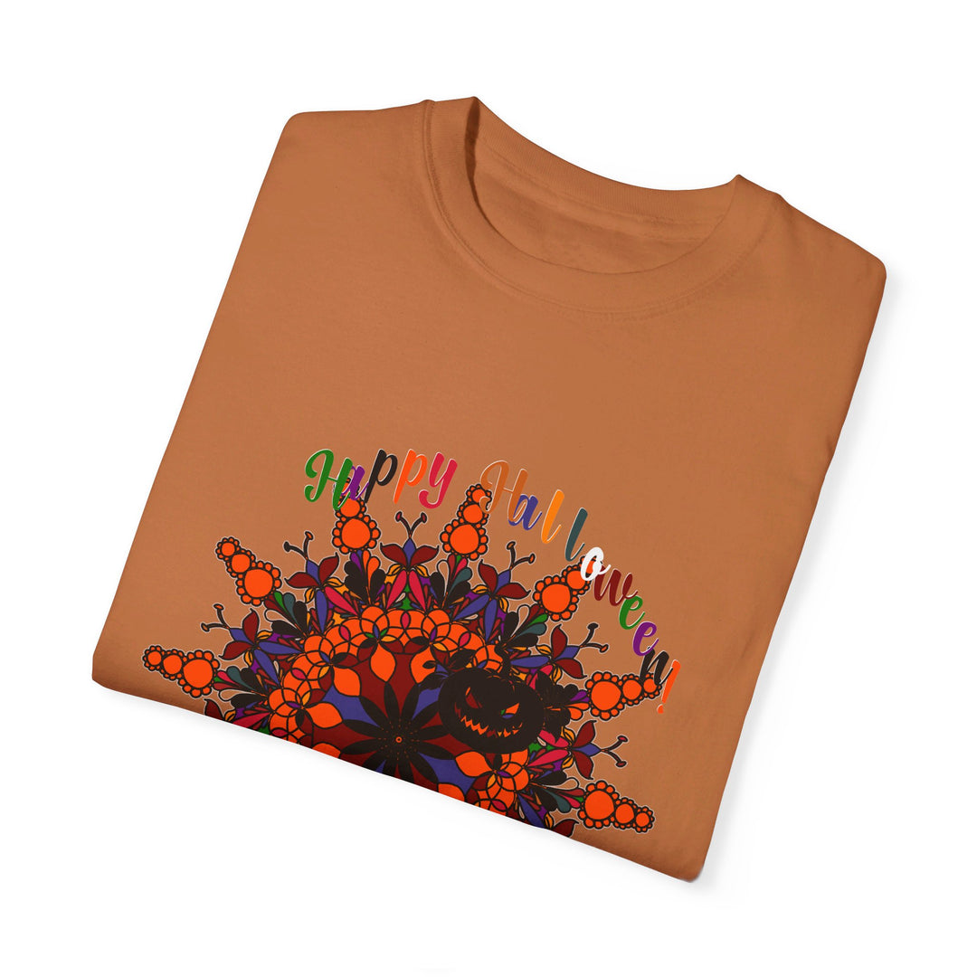 Unisex garment-dyed tee featuring handmade pumpkin mandala art for Halloween