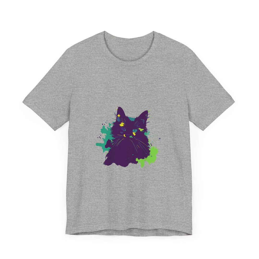 Vibrant purple T-shirt with an abstract design featuring a mysterious cat