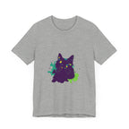Vibrant purple T-shirt with an abstract design featuring a mysterious cat
