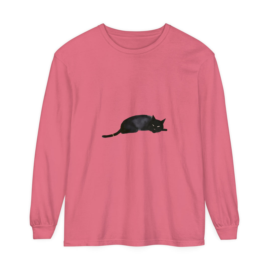 Black cat with closed eyes sleeping on a branch design on unisex long sleeve t-shirt