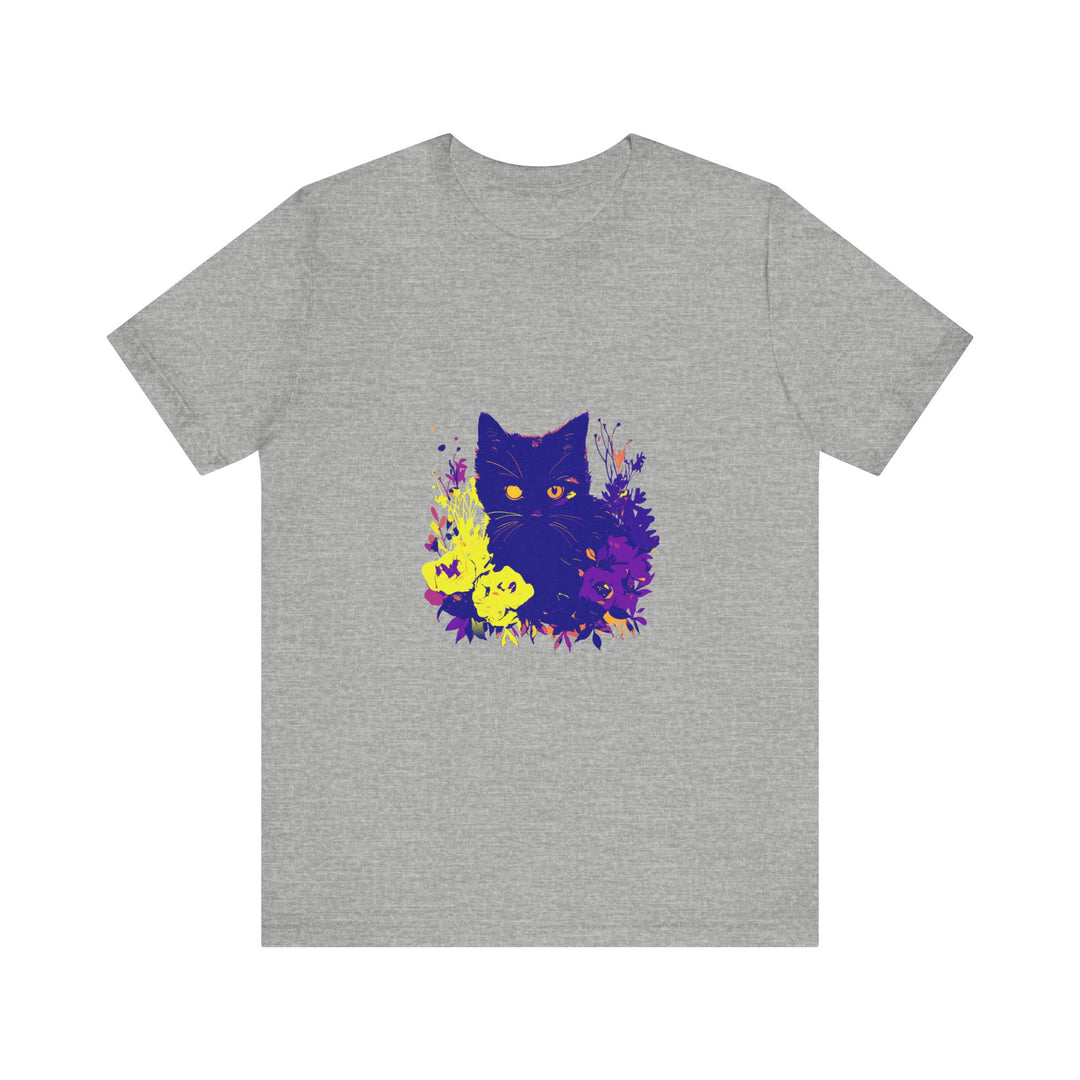 Black Cat Mystery Neon Flower T-Shirt: A stylish black t-shirt featuring a neon-colored mysterious cat and vibrant flowers design