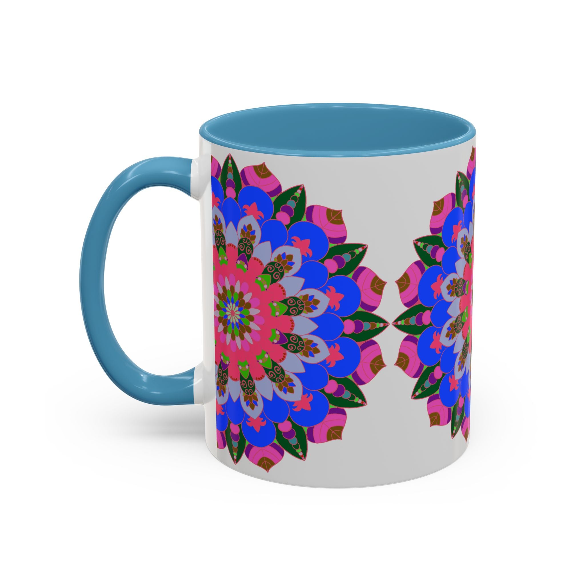 A close-up image of a colorful and intricate Mandala Mug, featuring vibrant patterns and designs perfect for enjoying your favorite hot beverage