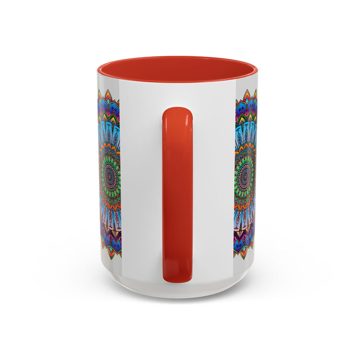 Vibrant mandala mug featuring colorful art with intricate patterns on a grey background, perfect for adding a pop of color to your morning routine