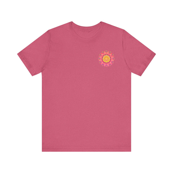 Beautiful pink and yellow mandala t-shirt featuring intricate design symbolizing peace and harmony, perfect for a relaxed and stylish look