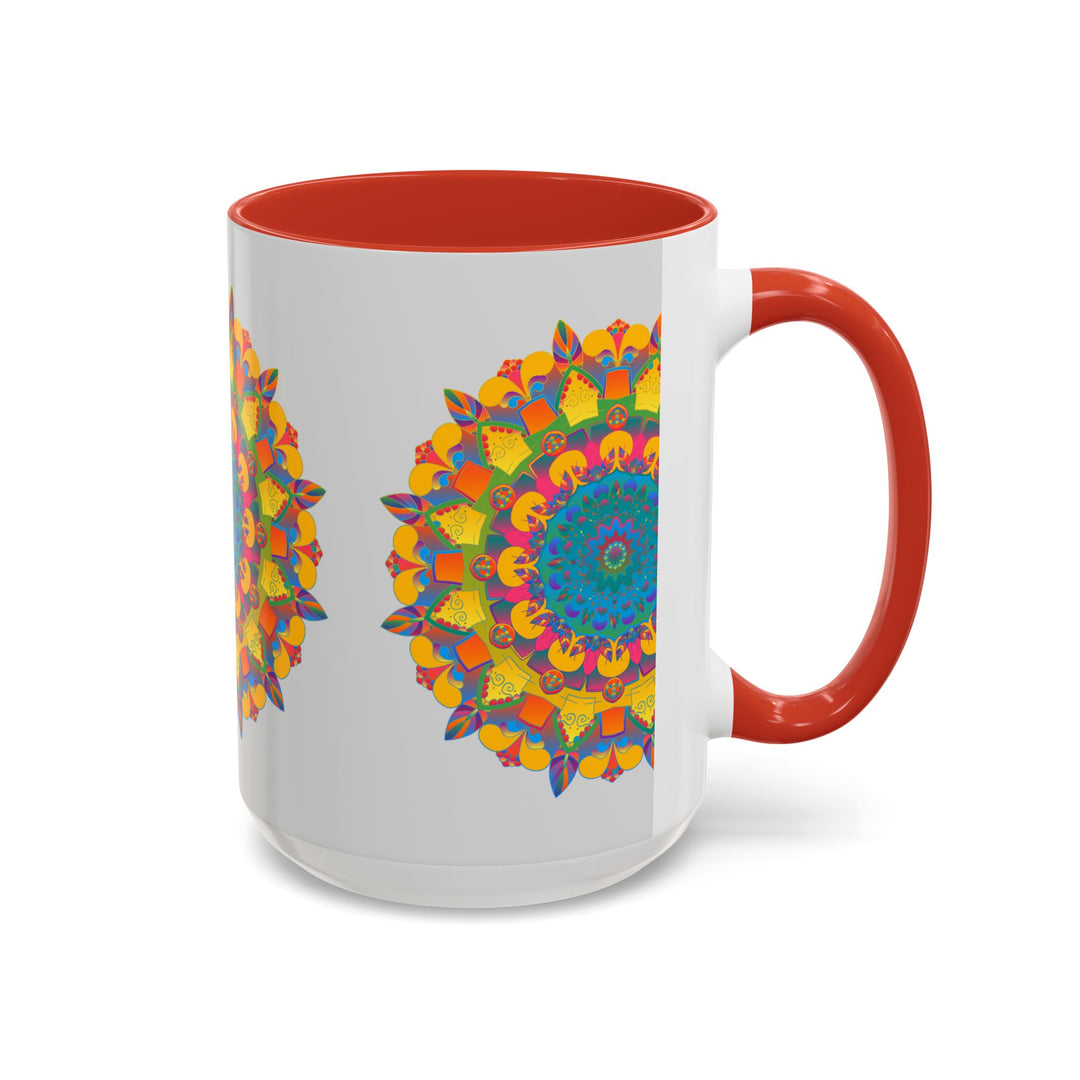 Colorful ceramic mug featuring a vibrant mandala floral design perfect for morning coffee or tea