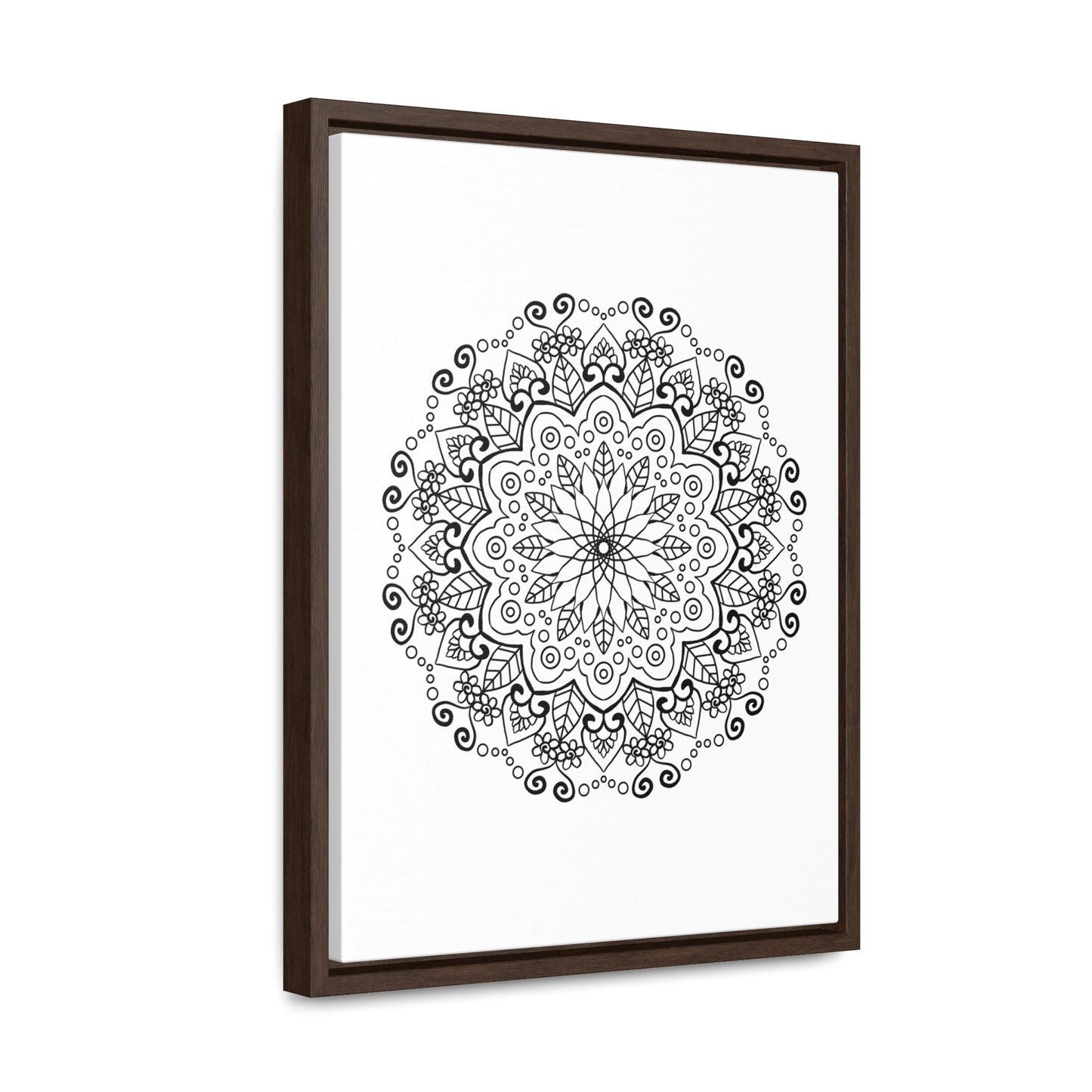 Handmade black and white mandala art on gallery canvas wraps, displayed in a vertical frame