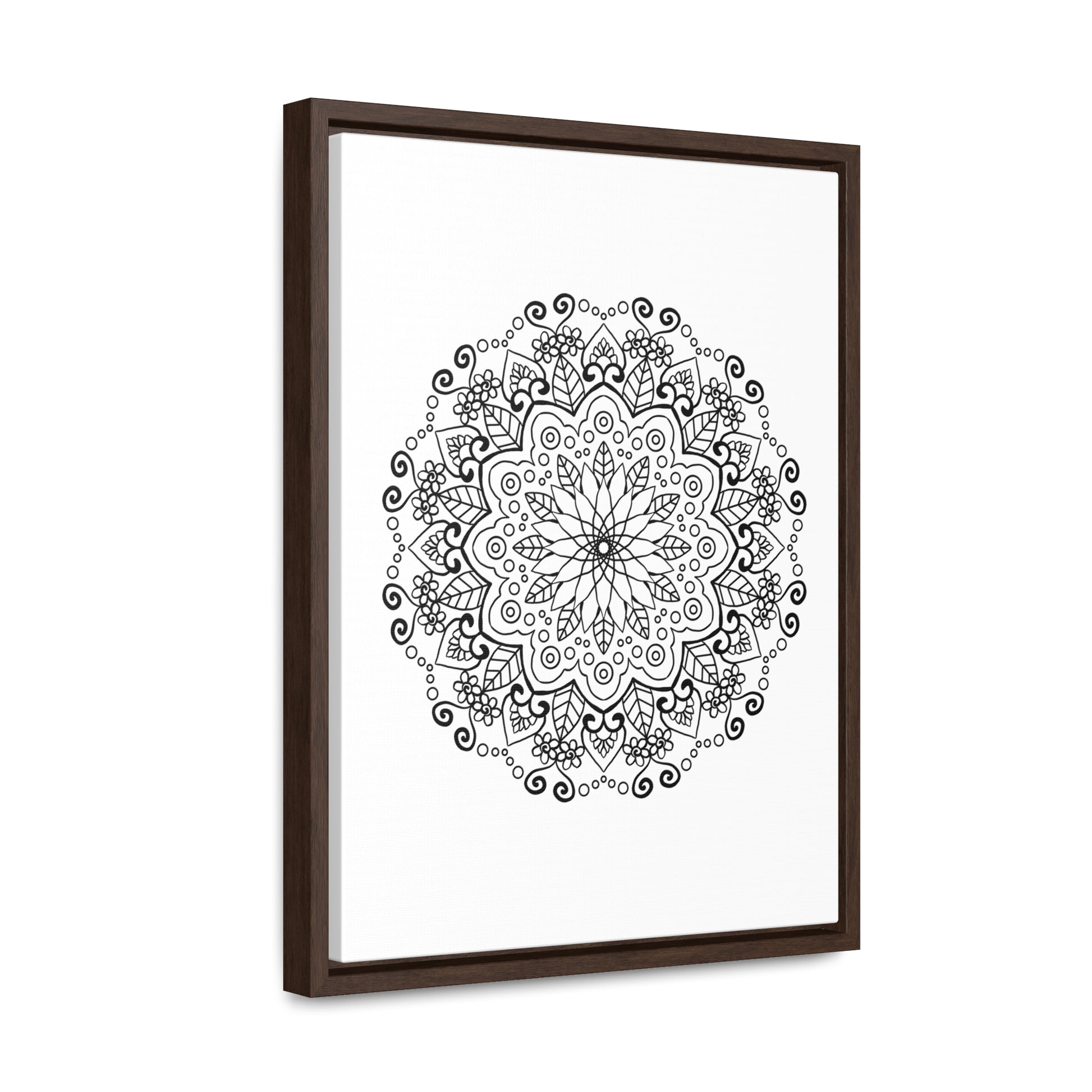 Handmade black and white mandala art on gallery canvas wraps, displayed in a vertical frame