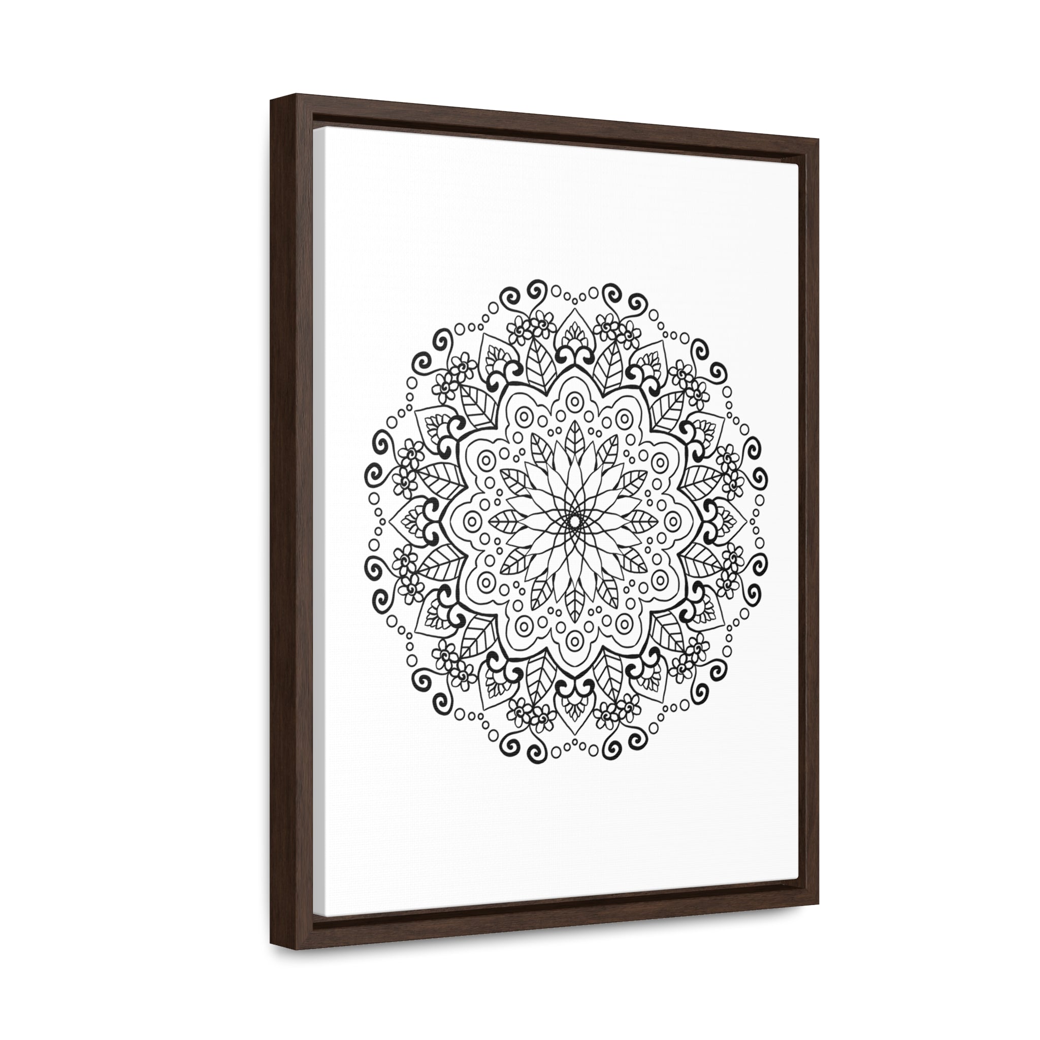 Handmade black and white mandala art on gallery canvas wraps, displayed in a vertical frame