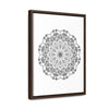 Handmade black and white mandala art on gallery canvas wraps, displayed in a vertical frame