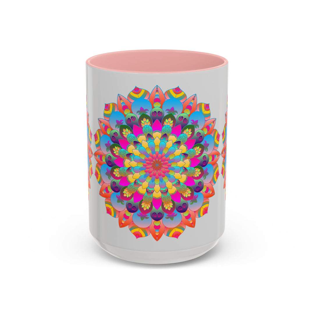 Colorful circular mandala design mug, perfect for art enthusiasts and coffee lovers