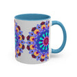 Vibrant and symmetrical mandala art mug, featuring colorful and intricate design