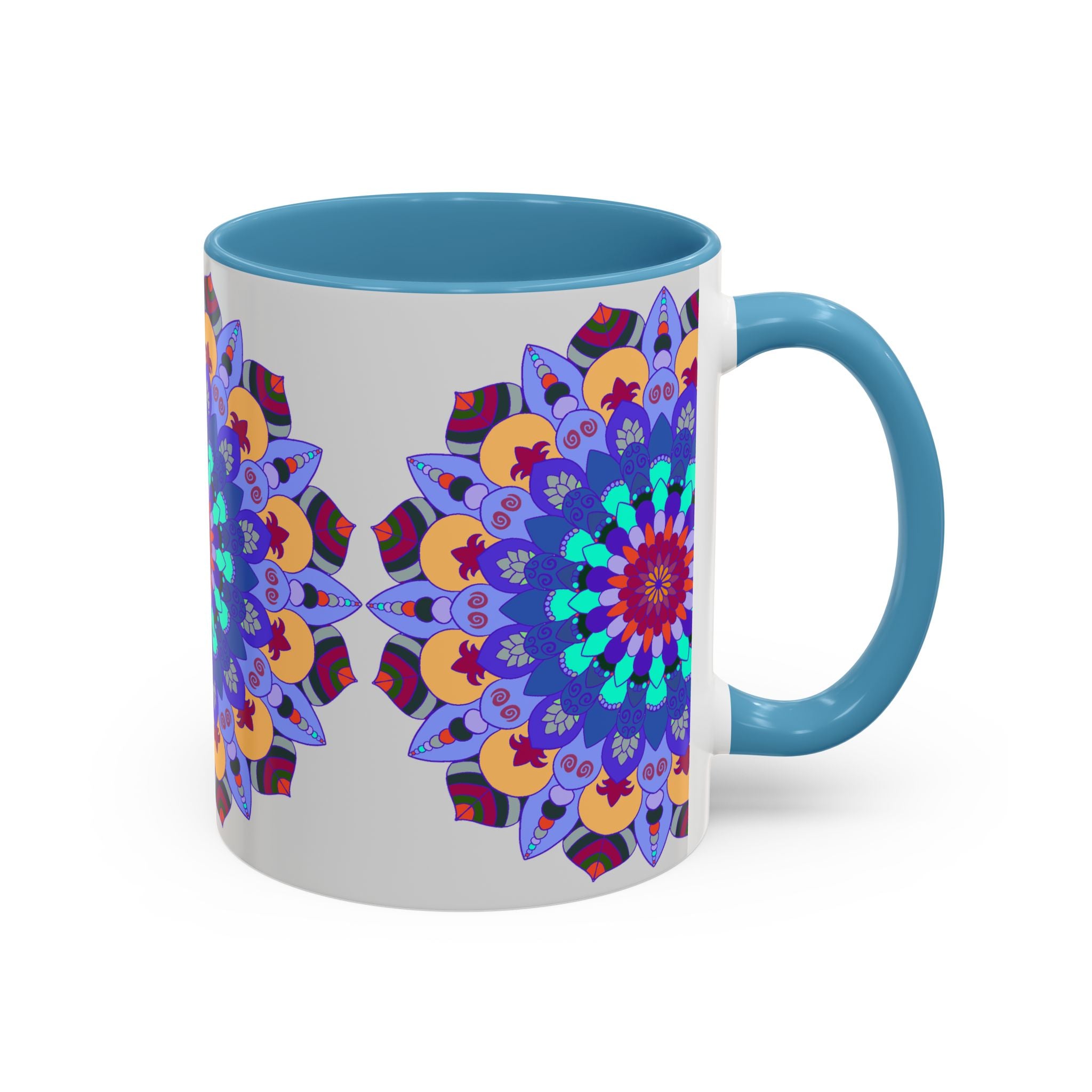 Vibrant and symmetrical mandala art mug, featuring colorful and intricate design