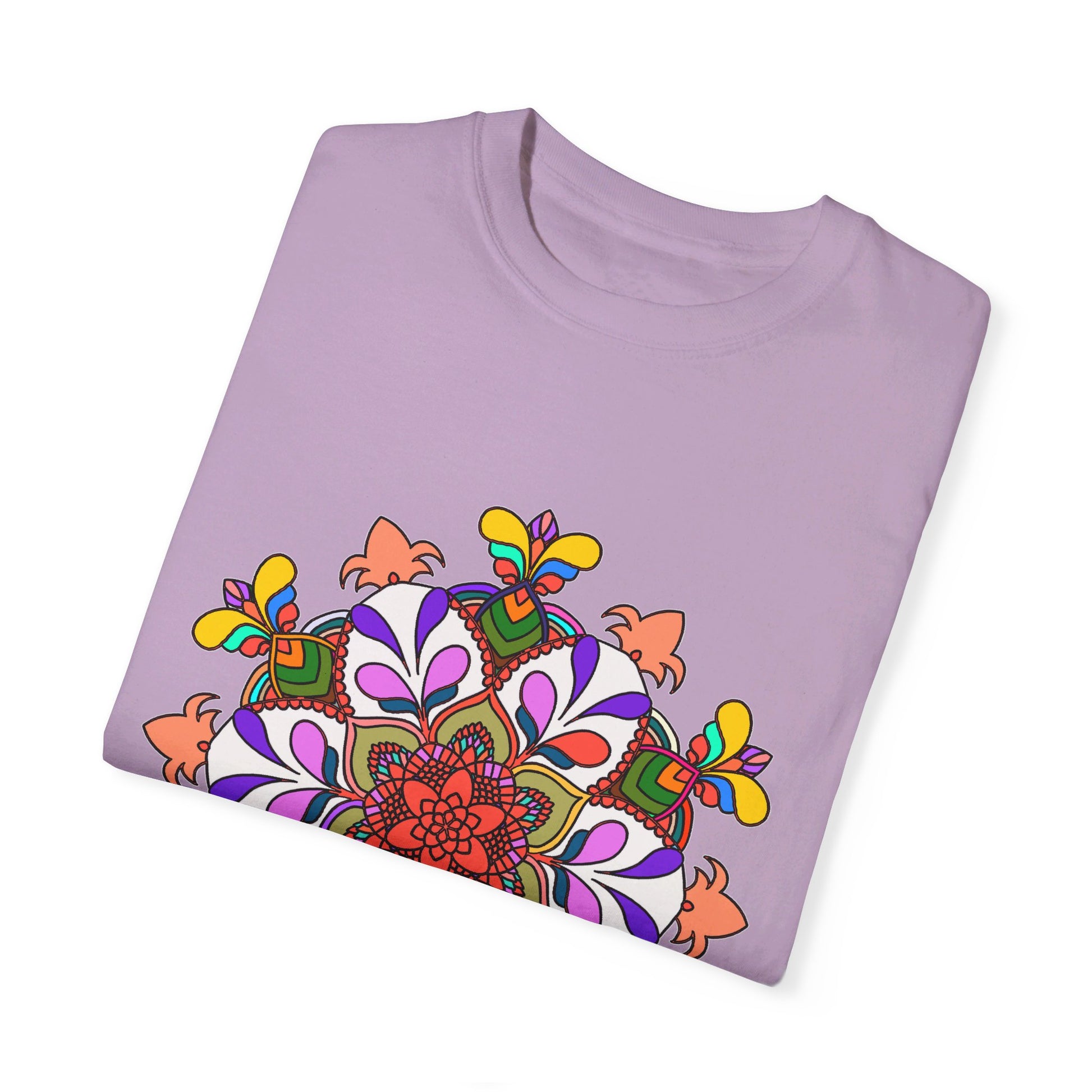 Unisex Mandala T-Shirt featuring hand-drawn mandala art on 100% ring-spun cotton, garment-dyed for extra comfort