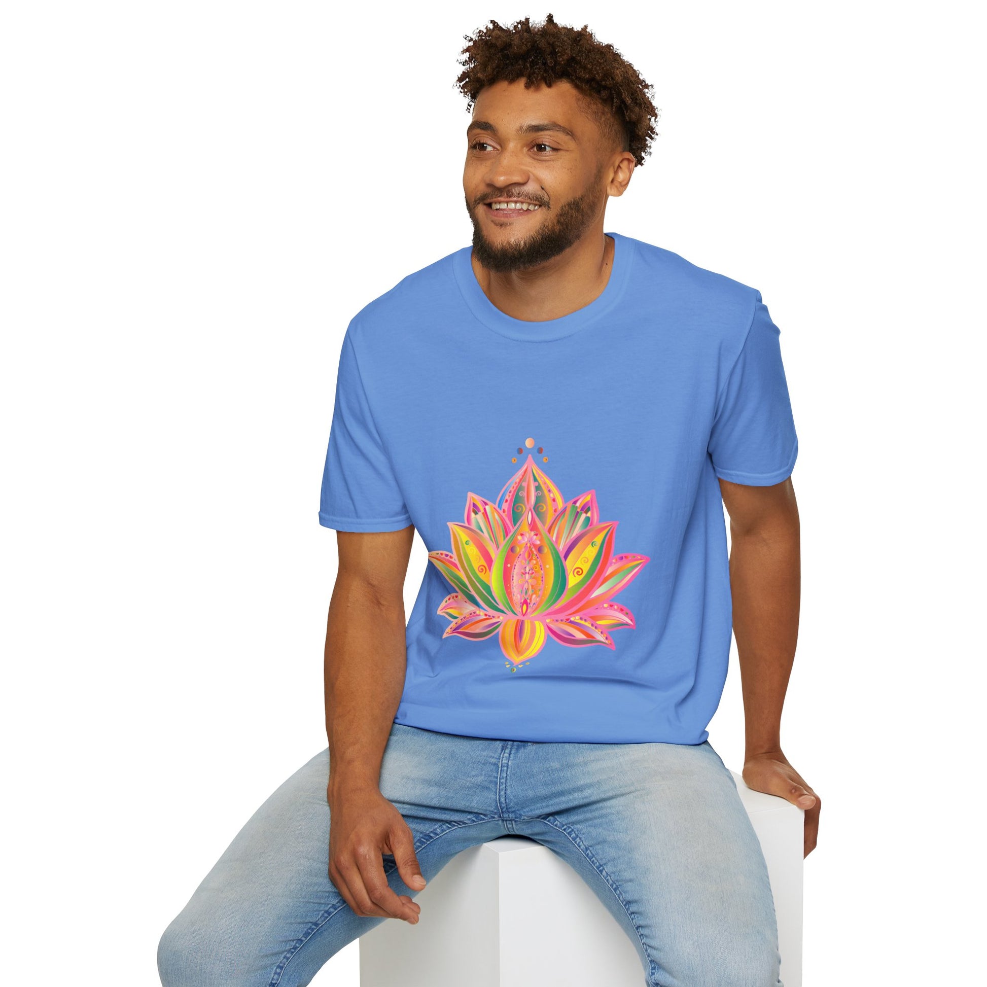 Close-up of Lotus Mandala Unisex T-Shirt featuring a hand-drawn unique design by Blululi, perfect for both men and women