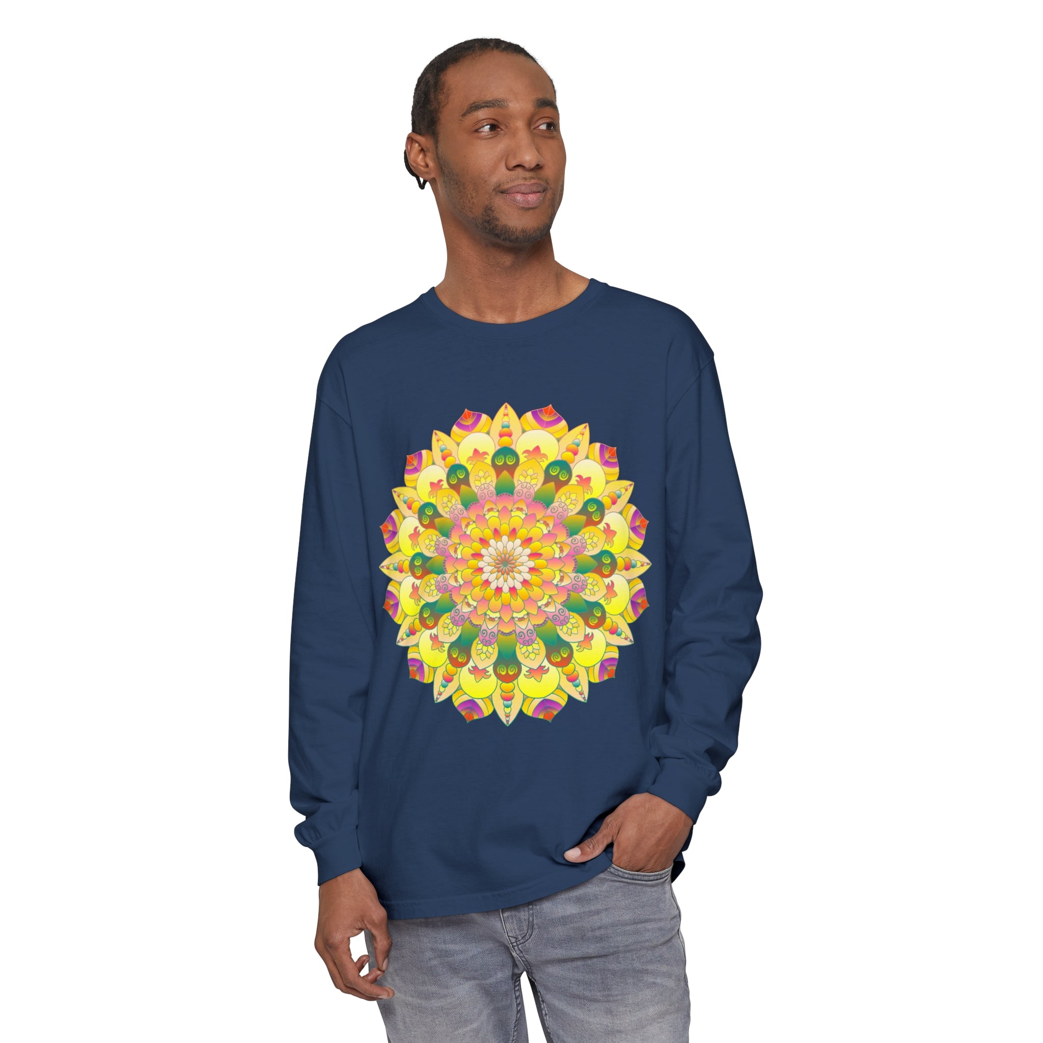 Colorful and intricate mandala design on a vibrant unisex long sleeve t-shirt