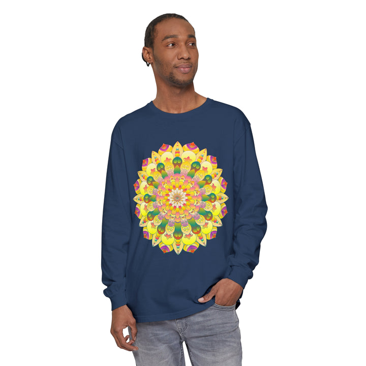 Colorful and intricate mandala design on a vibrant unisex long sleeve t-shirt