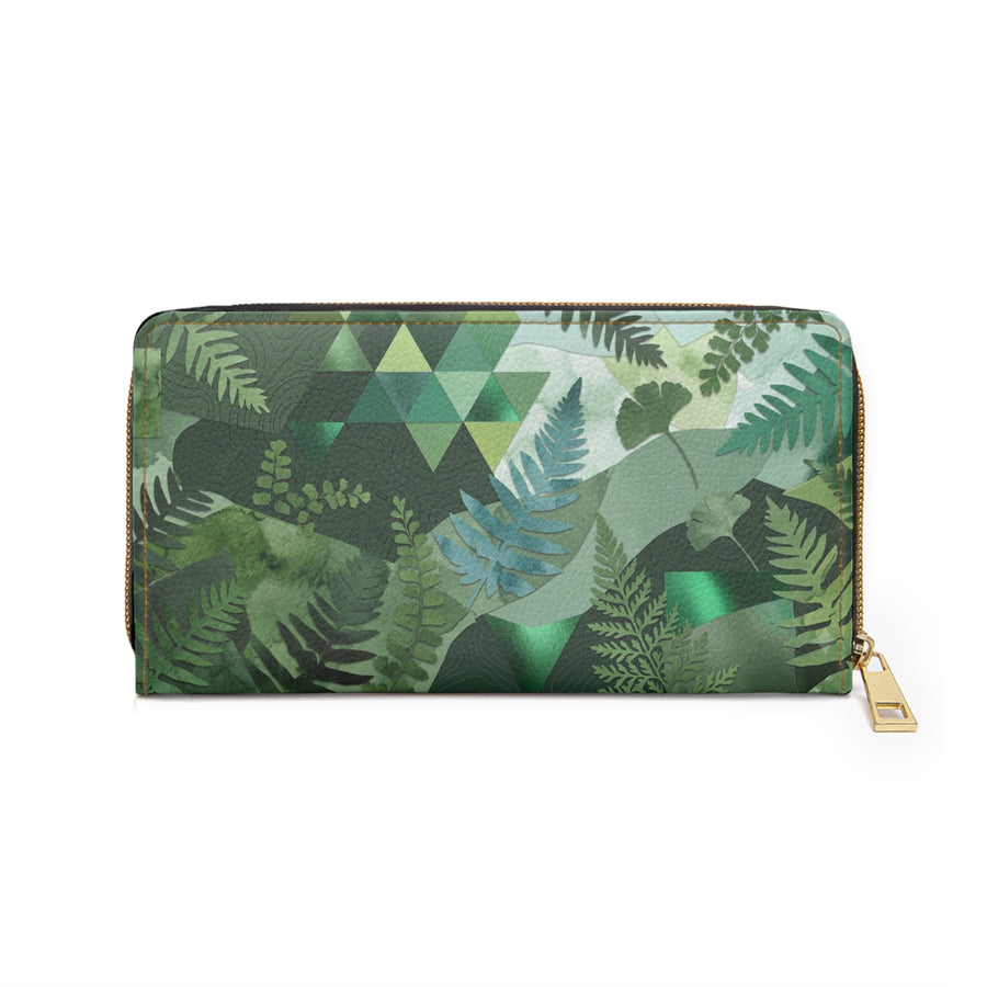 Green Fern Zip Wallet — Botanical Geometric Zippered Wallet