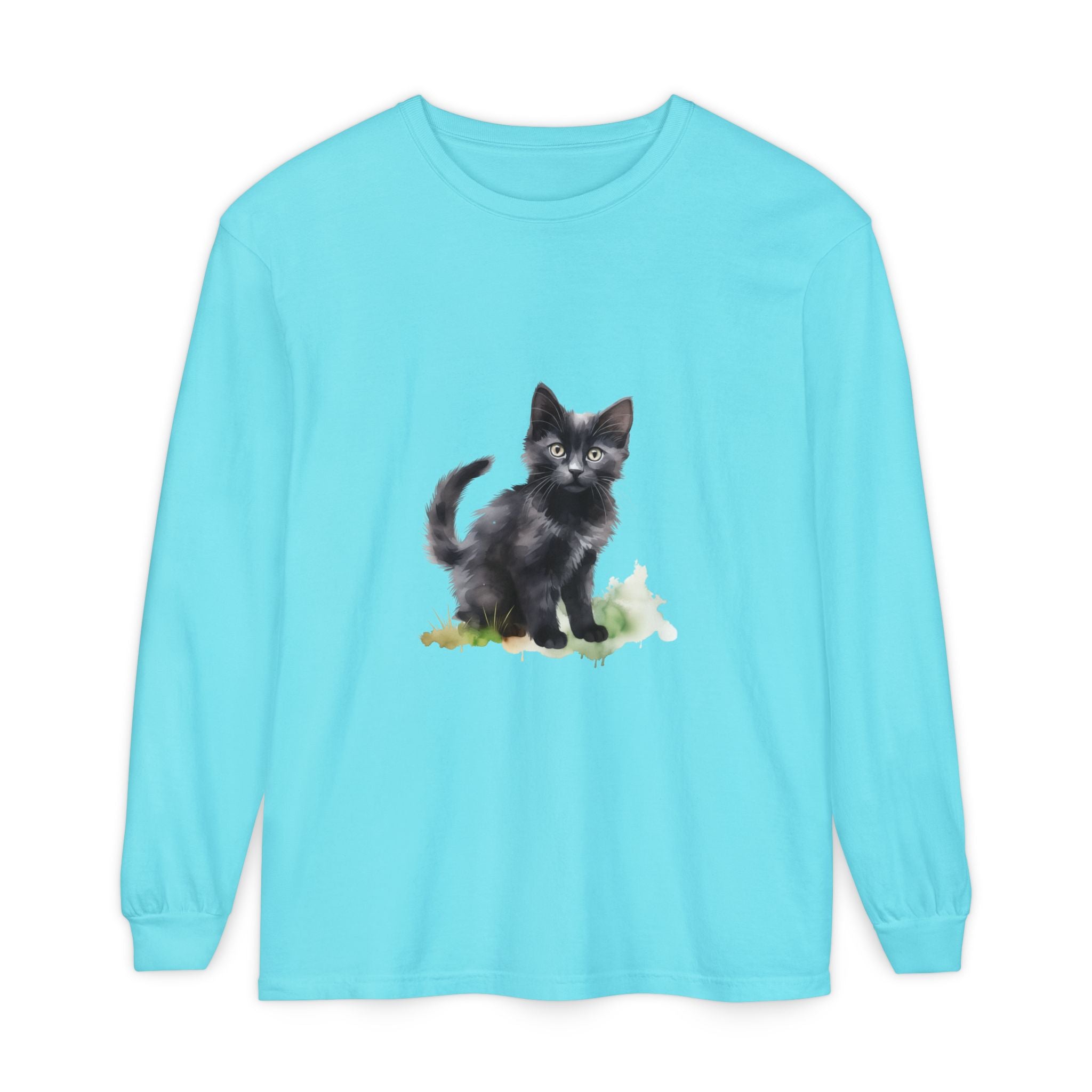 Maglietta a maniche lunghe con gatto nero e acquerello