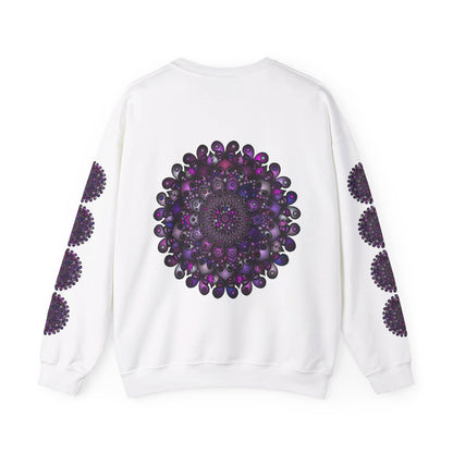 A unisex heavy blend crewneck sweatshirt with a vibrant purple mandala design