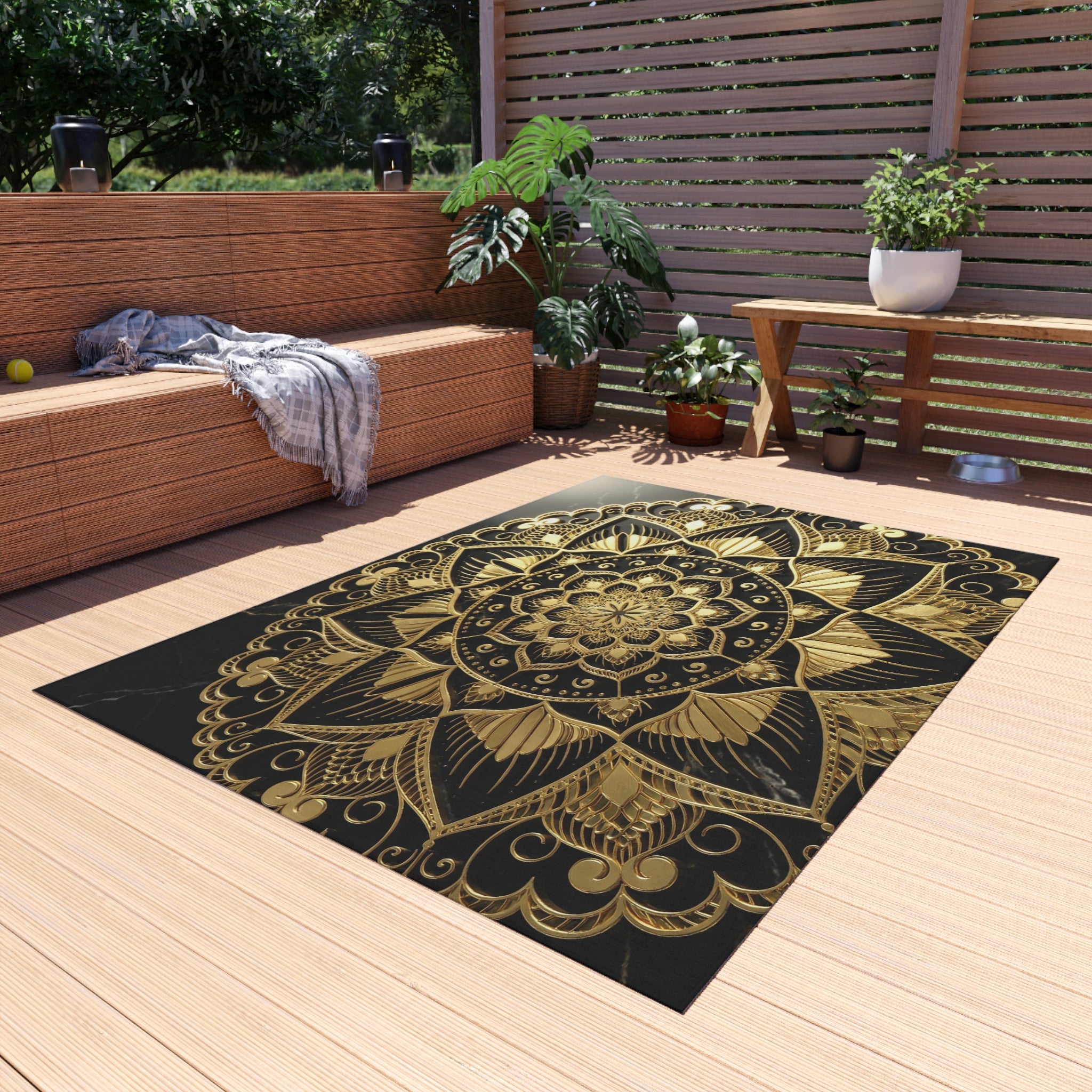 Gold Mandala Outdoor Rug — Boho Patio Mat for Porch, Deck & Garden