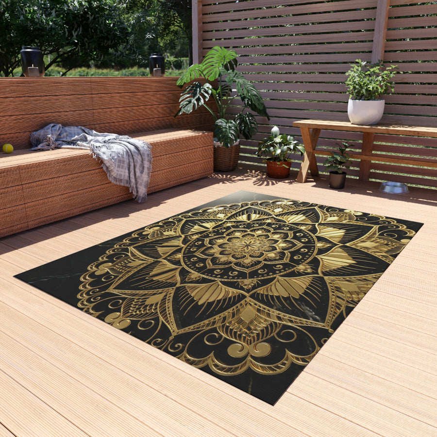 Gold Mandala Outdoor-Teppich — Boho Terrassenmatte für Veranda, Deck & Garten