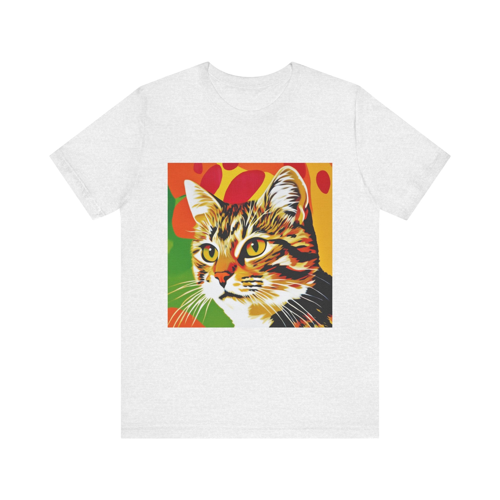 Colorful pop art short sleeve tee featuring a tabby cat design