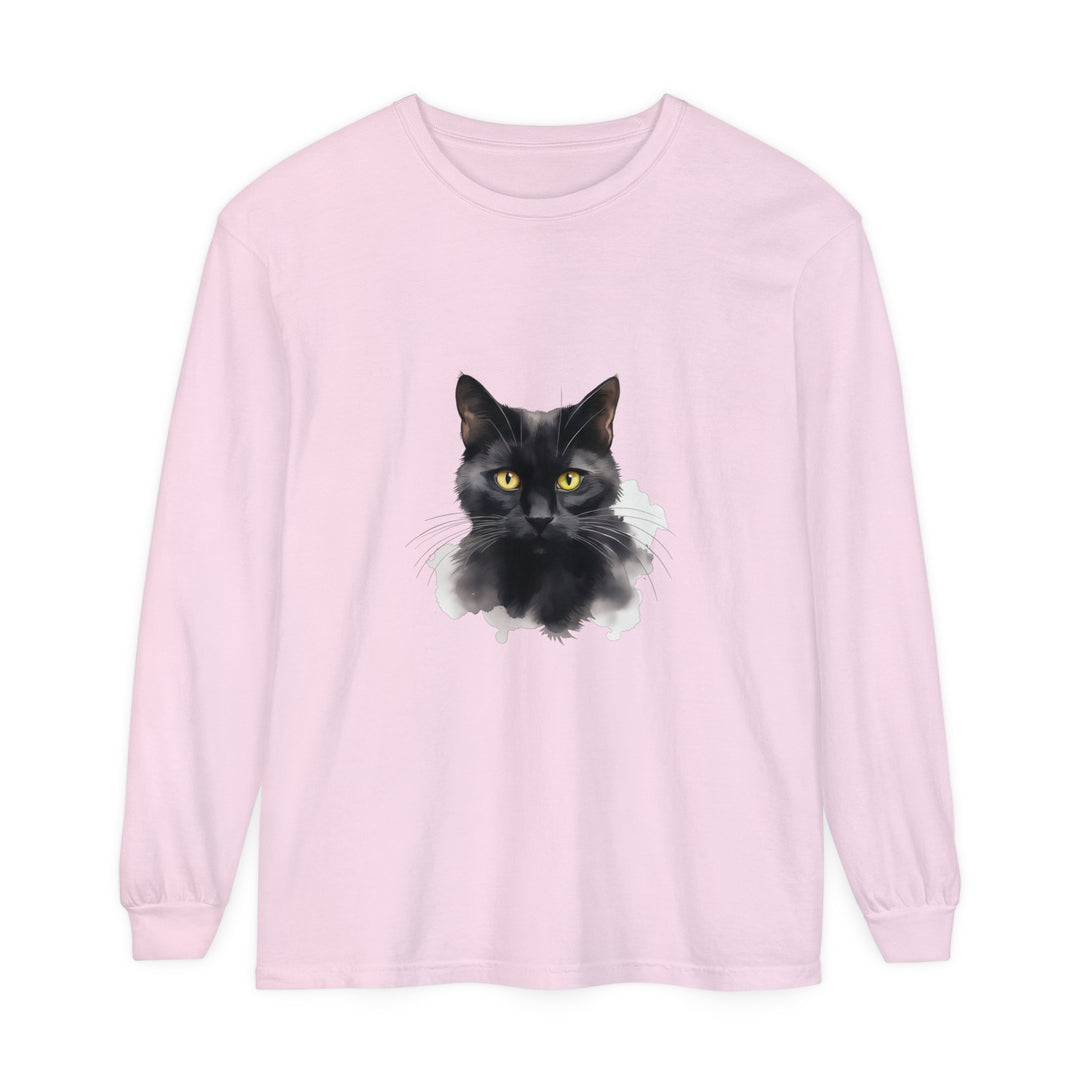 A close-up image of a black cat portrait printed on a unisex long sleeve t-shirt