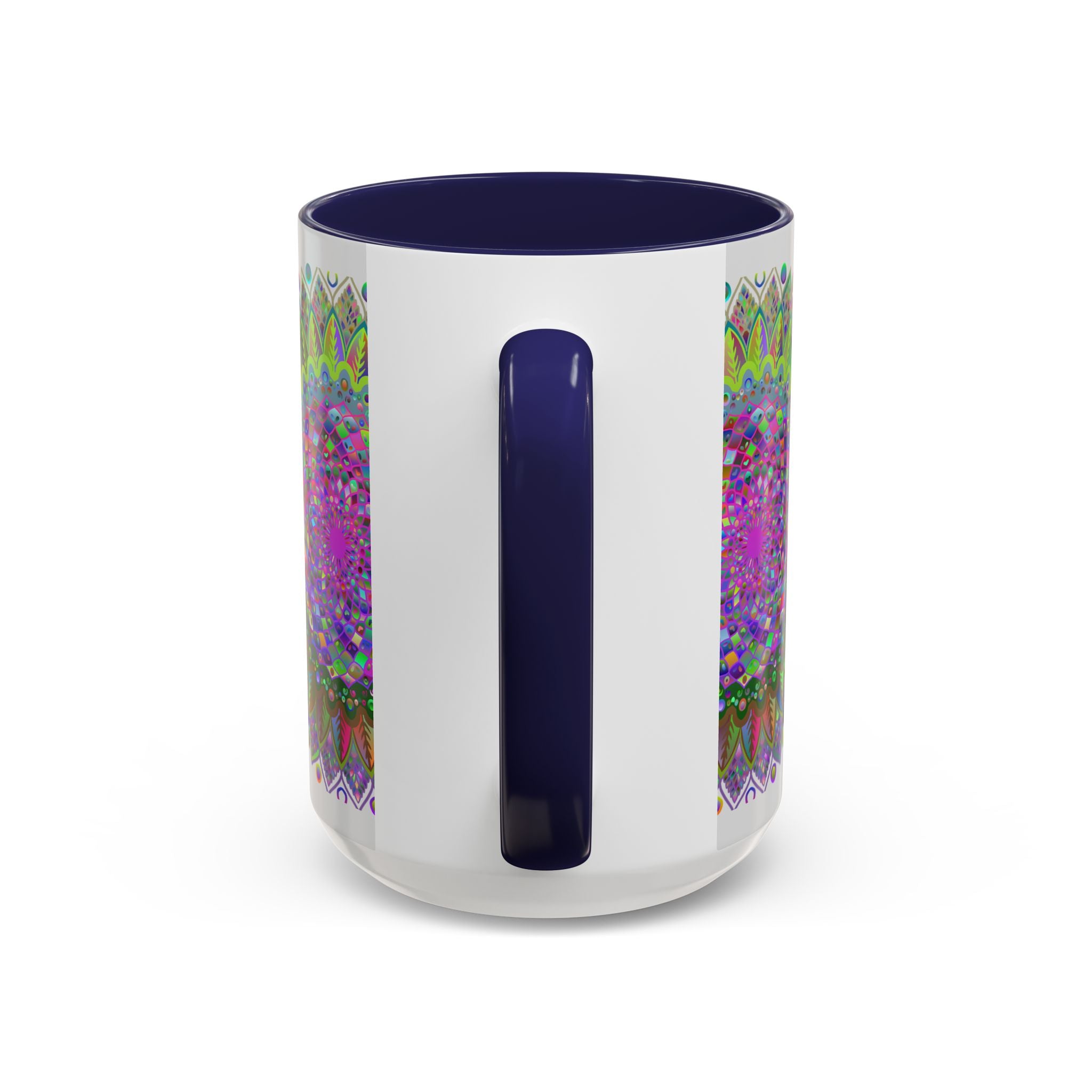 Colorful and ornate mandala design on a grey ceramic mug