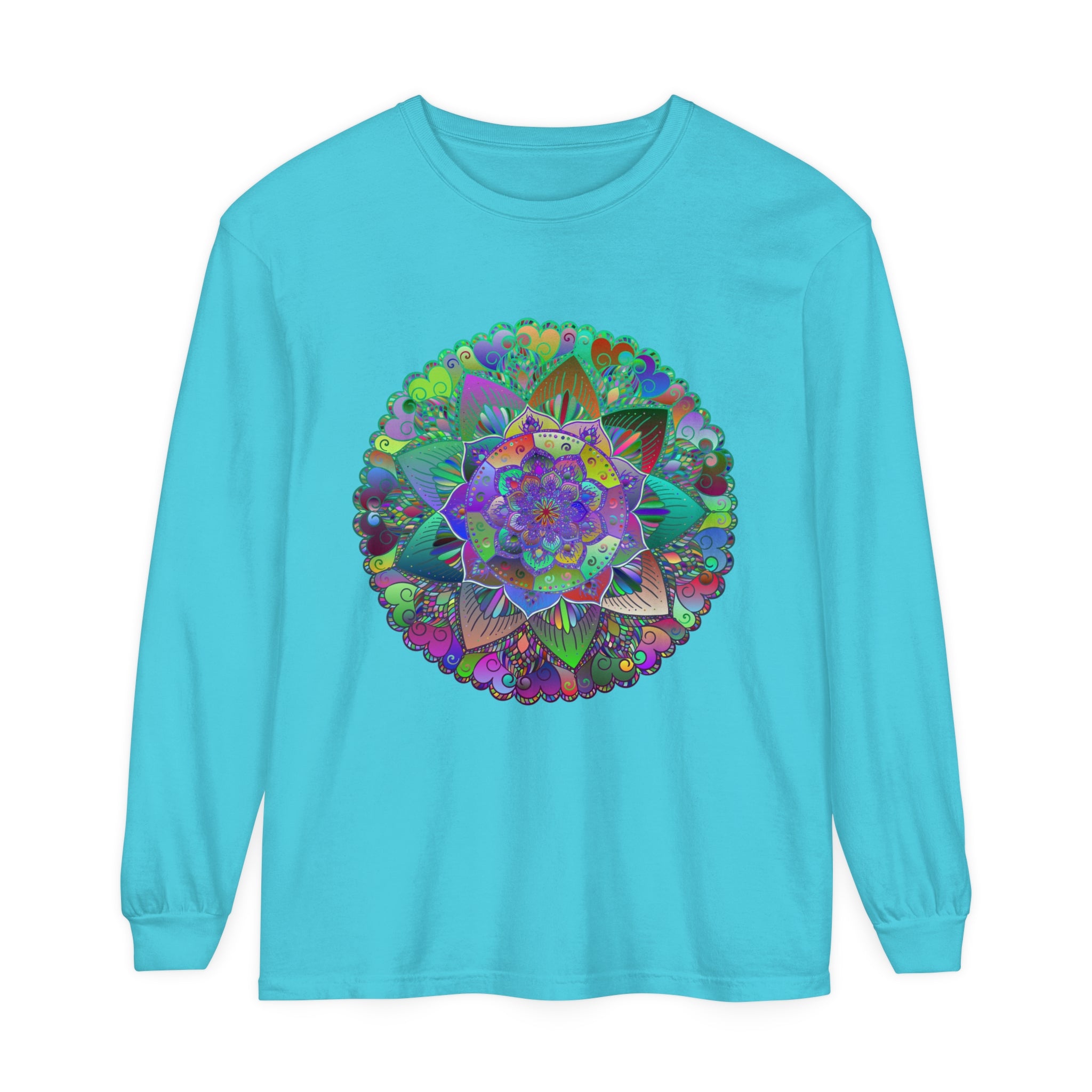 Colorful and intricate mandala design on a comfortable unisex long sleeve t-shirt