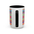 Colorful ceramic mug featuring a vibrant mandala art design in various shades of red, blue, and yellow on a white background