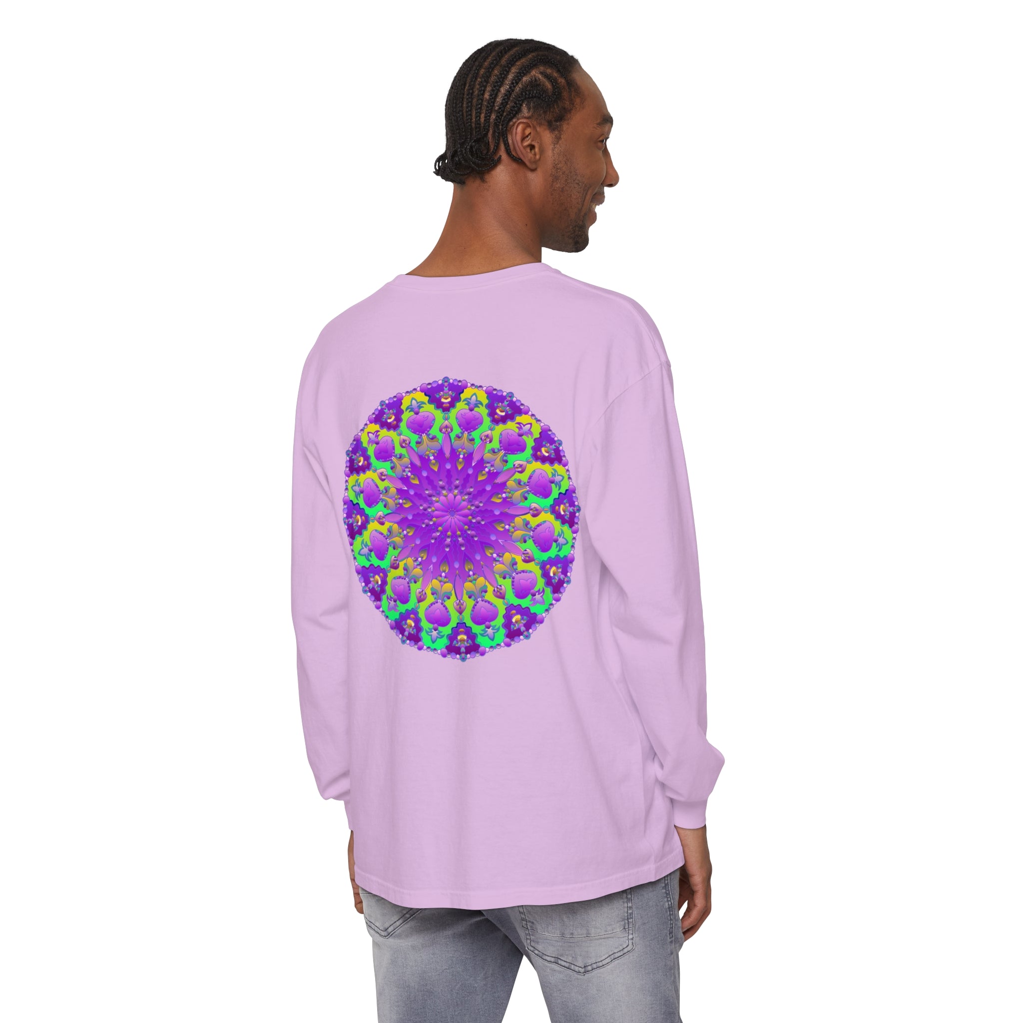 Vibrant purple and green mandala design long sleeve t-shirt for women