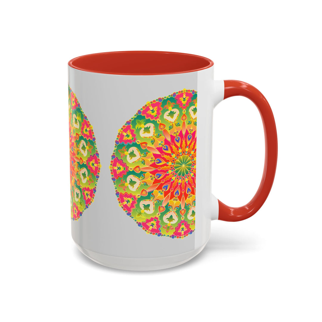 A vibrant and colorful mandala art mug, featuring intricate and eye-catching designs