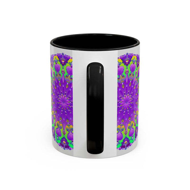 Beautiful purple mandala mug featuring vibrant art on a grey background