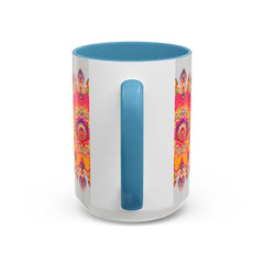 Vibrant and colorful mandala art mug on a grey background, perfect for adding a touch of artistic flair to your morning routine
