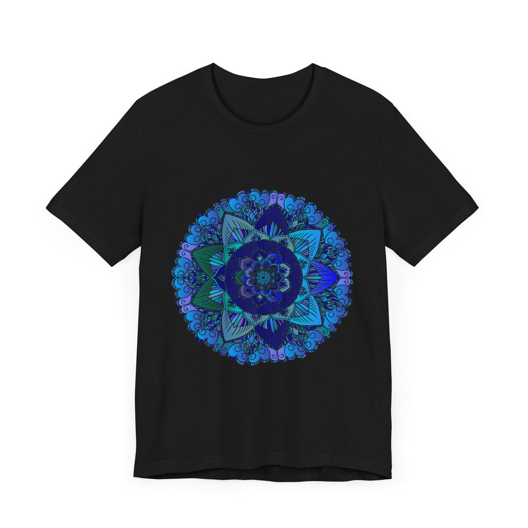 Dark blue and green mandala t-shirt with intricate spiritual art design