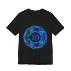 Dark blue and green mandala t-shirt with intricate spiritual art design