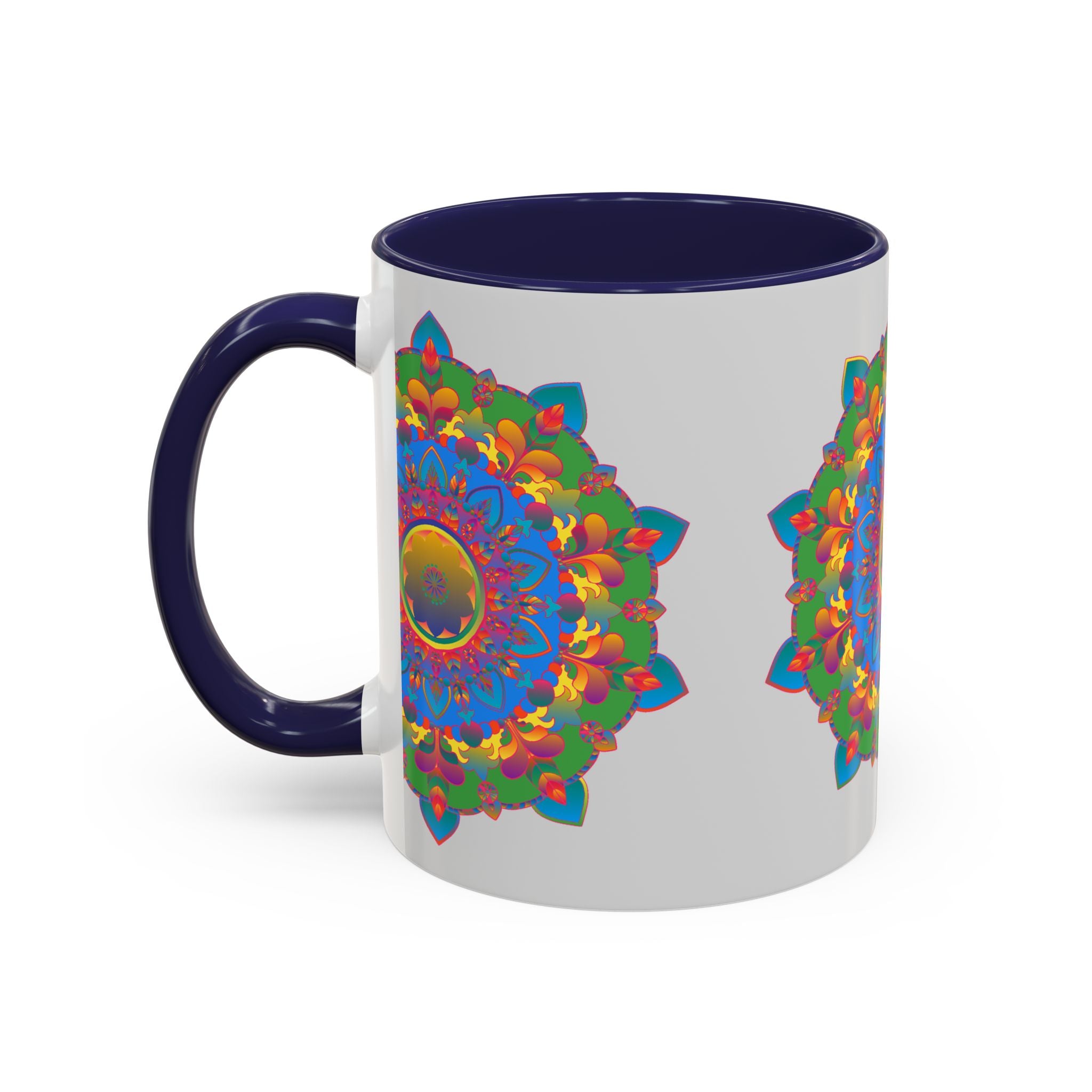 Eye-catching mandala flower pattern in vibrant colors on grey mug