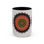 Colorful and spiritual mandala art mug featuring intricate, vibrant designs